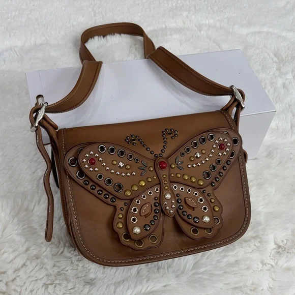 COACH Butterfly Embellished Brown Leather Crossbody Bag - Picture 1 of 17